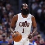 Feb 9, 2026; Denver, Colorado, USA; Cleveland Cavaliers guard James Harden (1) during the second quarter against the Denver Nuggets at Ball Arena. Mandatory Credit: Ron Chenoy-Imagn Images