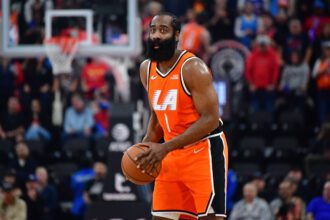 Dec 28, 2025; Inglewood, California, USA; Los Angeles Clippers guard James Harden (1) controls the ball against the Detroit Pistons during the first half at Intuit Dome. Mandatory Credit: Gary A. Vasquez-Imagn Images