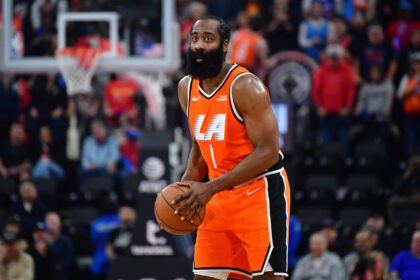 Dec 28, 2025; Inglewood, California, USA; Los Angeles Clippers guard James Harden (1) controls the ball against the Detroit Pistons during the first half at Intuit Dome. Mandatory Credit: Gary A. Vasquez-Imagn Images