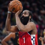 Mar 18, 2025; Inglewood, California, USA; Los Angeles Clippers guard James Harden (1) shoots a free throw against the Cleveland Cavaliers during the second half at Intuit Dome. Mandatory Credit: Gary A. Vasquez-Imagn Images