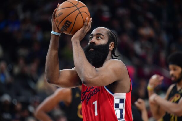 Mar 18, 2025; Inglewood, California, USA; Los Angeles Clippers guard James Harden (1) shoots a free throw against the Cleveland Cavaliers during the second half at Intuit Dome. Mandatory Credit: Gary A. Vasquez-Imagn Images