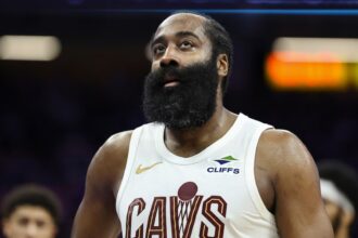 James Harden looks on during a Cleveland Cavaliers game. Mandatory Credit: AP