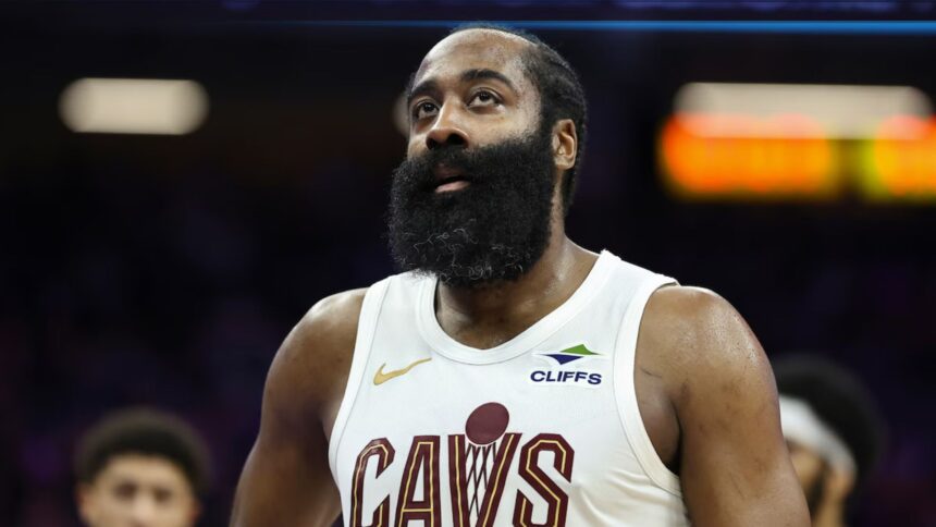 James Harden looks on during a Cleveland Cavaliers game. Mandatory Credit: AP