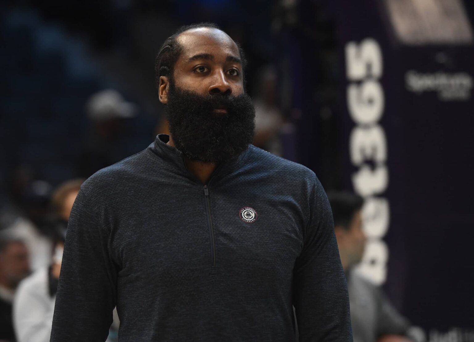 Los Angeles Clippers guard James Harden (1) warms up before the game against the Charlotte Hornets at the Spectrum Center.