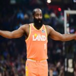 Feb 24, 2026; Cleveland, Ohio, USA; Cleveland Cavaliers guard James Harden (1) celebrates after hitting a three point basket against the New York Knicks during the second half at Rocket Arena. Mandatory Credit: Ken Blaze-Imagn Images