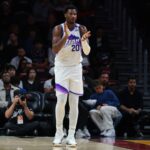 Feb 9, 2026; Miami, Florida, USA; Utah Jazz forward Jaren Jackson Jr. (20) reacts against the Miami Heat during the first quarter at Kaseya Center. Mandatory Credit: Sam Navarro-Imagn Images