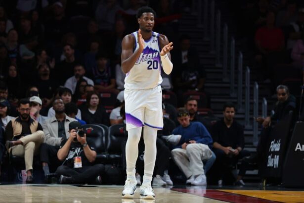 Feb 9, 2026; Miami, Florida, USA; Utah Jazz forward Jaren Jackson Jr. (20) reacts against the Miami Heat during the first quarter at Kaseya Center. Mandatory Credit: Sam Navarro-Imagn Images