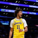 Oct 17, 2025; Los Angeles, California, USA; Los Angeles Lakers center Jaxson Hayes (11) reacts during the first half against the Sacramento Kings at Crypto.com Arena. Mandatory Credit: William Liang-Imagn Images