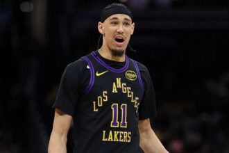 Jaxson Hayes of the Los Angeles Lakers reacts during the Washington Wizards game at Capital One Arena on Jan. 30, 2026. (Scott Taetsch/Getty Images)