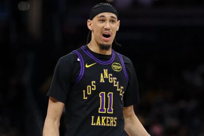 Jaxson Hayes of the Los Angeles Lakers reacts during the Washington Wizards game at Capital One Arena on Jan. 30, 2026. (Scott Taetsch/Getty Images)