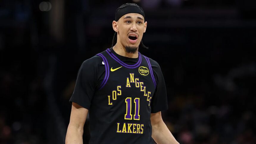 Jaxson Hayes of the Los Angeles Lakers reacts during the Washington Wizards game at Capital One Arena on Jan. 30, 2026. (Scott Taetsch/Getty Images)