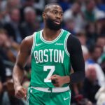 Feb 3, 2026; Dallas, Texas, USA; Boston Celtics guard Jaylen Brown (7) reacts against the Dallas Mavericks during the first quarter at American Airlines Center. Mandatory Credit: Kevin Jairaj-Imagn Images