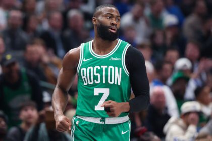 Feb 3, 2026; Dallas, Texas, USA; Boston Celtics guard Jaylen Brown (7) reacts against the Dallas Mavericks during the first quarter at American Airlines Center. Mandatory Credit: Kevin Jairaj-Imagn Images