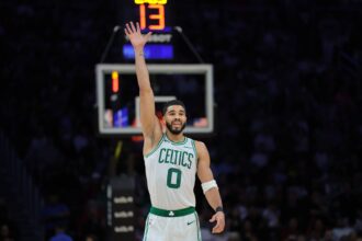 Boston Celtics forward Jayson Tatum (0) asks for the ball against the Miami Heat during the third quarter at Kaseya Center.