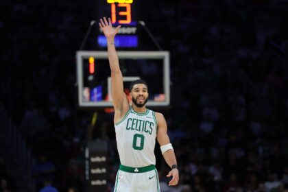 Boston Celtics forward Jayson Tatum (0) asks for the ball against the Miami Heat during the third quarter at Kaseya Center.