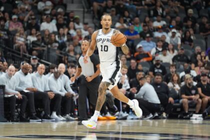 Nov 16, 2025; San Antonio, Texas, USA; San Antonio Spurs forward Jeremy Sochan (10) dribbles up the court in the first half against the Sacramento Kings at Frost Bank Center. Mandatory Credit: Daniel Dunn-Imagn Images