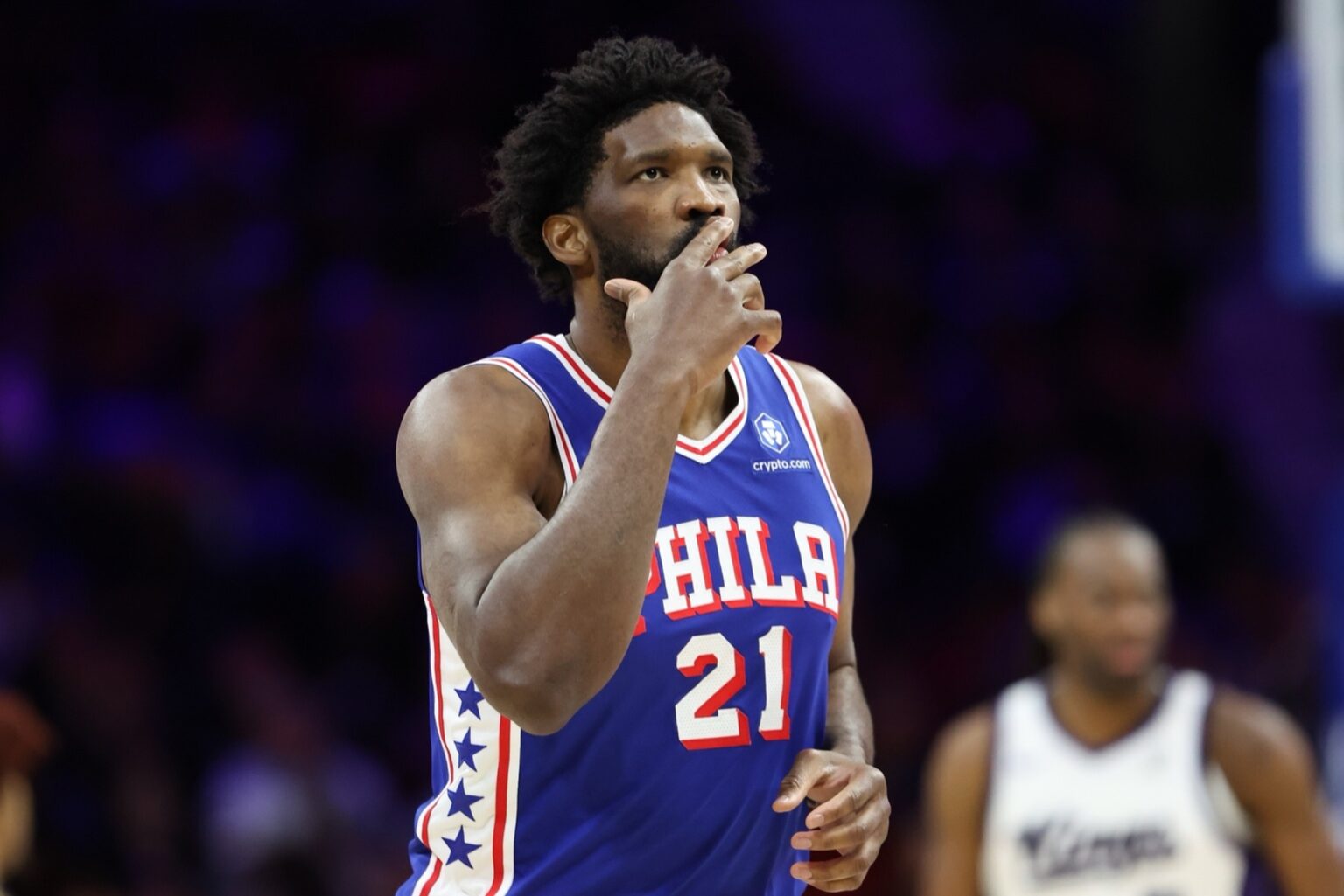 Jan 29, 2026; Philadelphia, Pennsylvania, USA; Philadelphia 76ers center Joel Embiid (21) reacts to his three pointer against the Sacramento Kings during the second quarter at Xfinity Mobile Arena. Mandatory Credit: Bill Streicher-Imagn Images