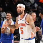 PHILADELPHIA, PA - FEBRUARY 11: Jose Alvarado #5 of the New York Knicks smiles during the game against the Philadelphia 76ers on February 11, 2026 at the Wells Fargo Center in Philadelphia, Pennsylvania. Mandatory Copyright Notice: Copyright 2026 NBAE (Photo by Jesse D. Garrabrant/NBAE via Getty Images)