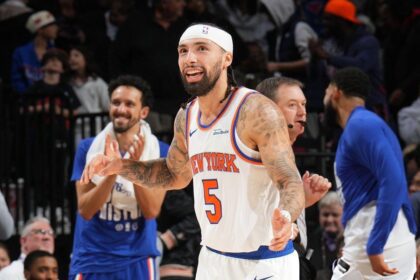 PHILADELPHIA, PA - FEBRUARY 11: Jose Alvarado #5 of the New York Knicks smiles during the game against the Philadelphia 76ers on February 11, 2026 at the Wells Fargo Center in Philadelphia, Pennsylvania. Mandatory Copyright Notice: Copyright 2026 NBAE (Photo by Jesse D. Garrabrant/NBAE via Getty Images)