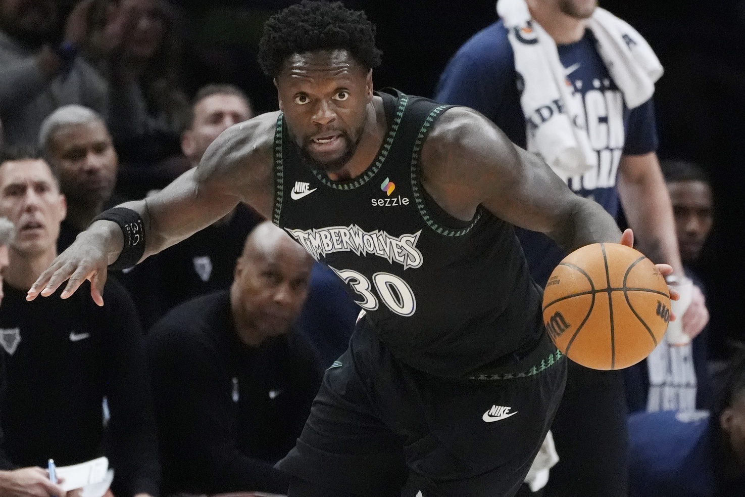 Feb 8, 2026; Minneapolis, Minnesota, USA; Minnesota Timberwolves forward Julius Randle (30) brings the ball up court against the Los Angeles Clippers in the first quarter at Target Center. Mandatory Credit: Bruce Kluckhohn-Imagn Images