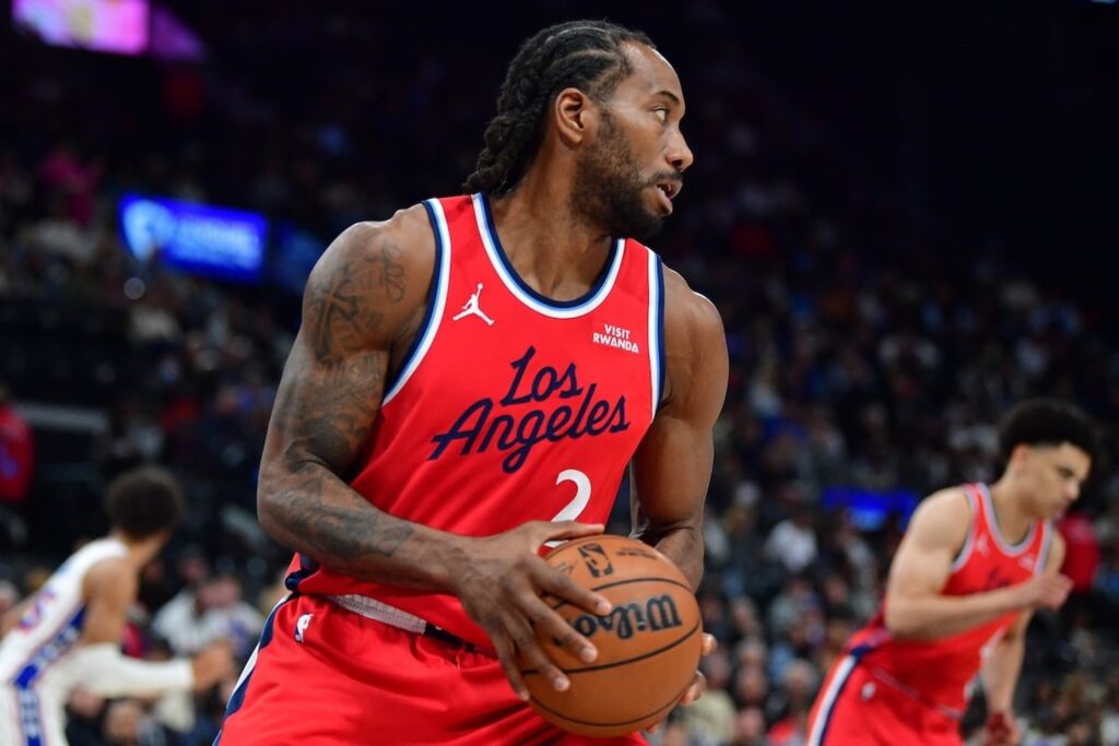Feb 2, 2026; Inglewood, California, USA; Los Angeles Clippers forward Kawhi Leonard (2) moves the ball against the Philadelphia 76ers during the second half at Intuit Dome. Mandatory Credit: Gary A. Vasquez-Imagn Images