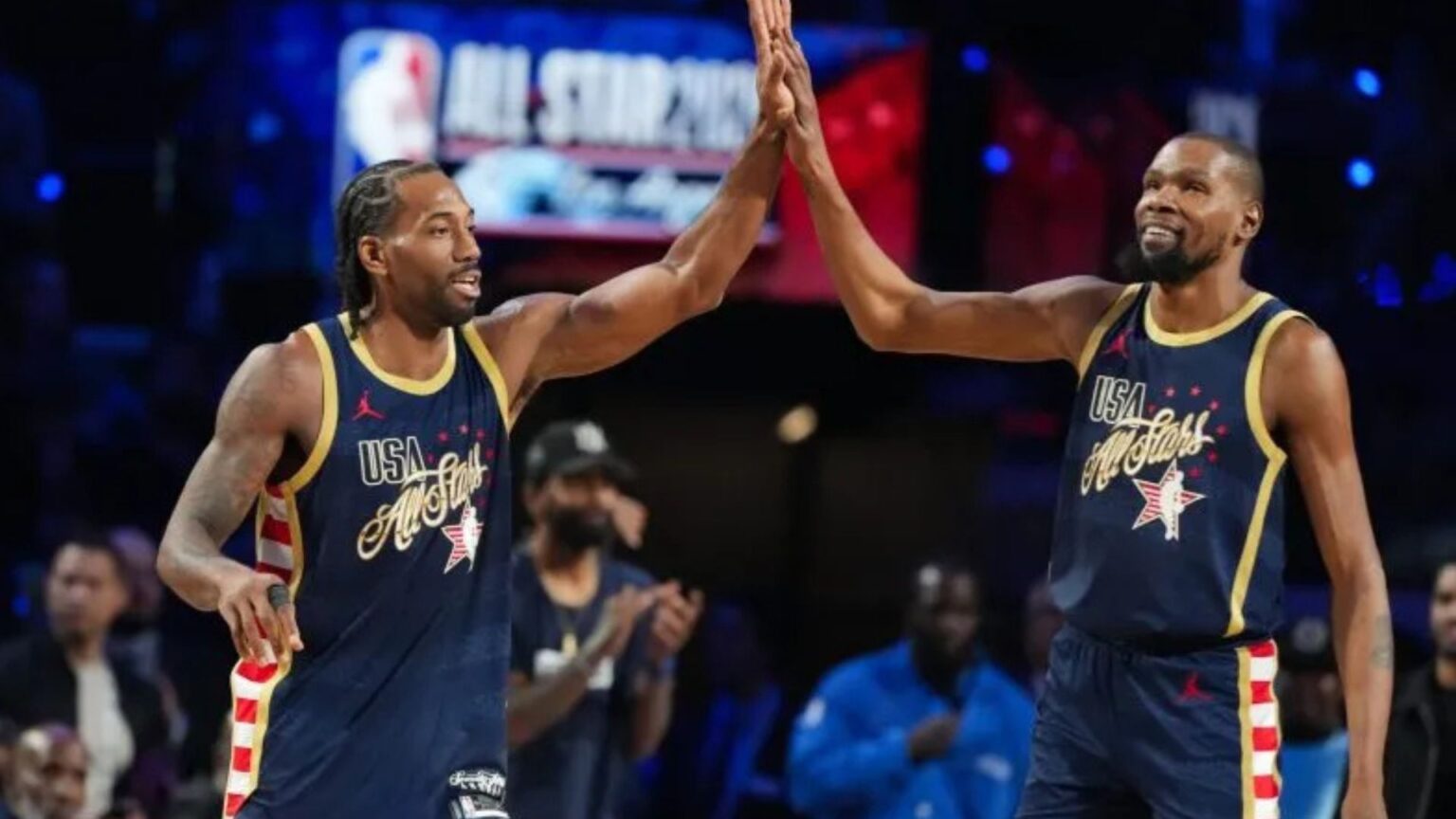 Kawhi Leonard and Kevin Durant celebrate a play at the All-Star Game. Mandatory Credit: Imagn Images