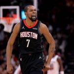 Houston Rockets forward Kevin Durant (7) reacts after a made basket against the Memphis Grizzlies during the fourth quarter at Toyota Center.
