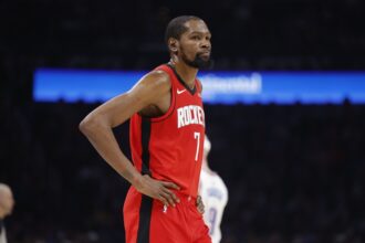 Feb 7, 2026; Oklahoma City, Oklahoma, USA; Houston Rockets forward Kevin Durant (7) walks onto the court after a time out against the Oklahoma City Thunder during the second half at Paycom Center. Mandatory Credit: Alonzo Adams-Imagn Images