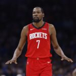 Feb 7, 2026; Oklahoma City, Oklahoma, USA; Houston Rockets forward Kevin Durant (7) during a time out against the Oklahoma City Thunder during the second half at Paycom Center. Mandatory Credit: Alonzo Adams-Imagn Images