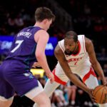 Feb 5, 2026; Houston, Texas, USA; Houston Rockets forward Kevin Durant (7) handles the ball against Charlotte Hornets guard Kon Knueppel (7) during the third quarter at Toyota Center. Mandatory Credit: Erik Williams-Imagn Images