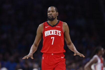 Feb 7, 2026; Oklahoma City, Oklahoma, USA; Houston Rockets forward Kevin Durant (7) during a time out against the Oklahoma City Thunder during the second half at Paycom Center. Mandatory Credit: Alonzo Adams-Imagn Images