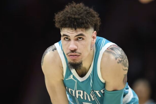 LaMelo Ball looks on during a Charlotte Hornets game. Mandatory Credit: Sam Sharpe - Imagn Images