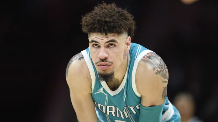 LaMelo Ball looks on during a Charlotte Hornets game. Mandatory Credit: Sam Sharpe - Imagn Images