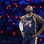 Feb 15, 2026; Inglewood, California, USA; Team USA Stripes forward LeBron James (23) of the Los Angeles Lakers looks on in game two against Team Starsduring the 75th NBA All Star Game at Intuit Dome. Mandatory Credit: Kirby Lee-Imagn Images