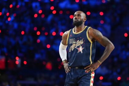Feb 15, 2026; Inglewood, California, USA; Team USA Stripes forward LeBron James (23) of the Los Angeles Lakers looks on in game two against Team Starsduring the 75th NBA All Star Game at Intuit Dome. Mandatory Credit: Kirby Lee-Imagn Images