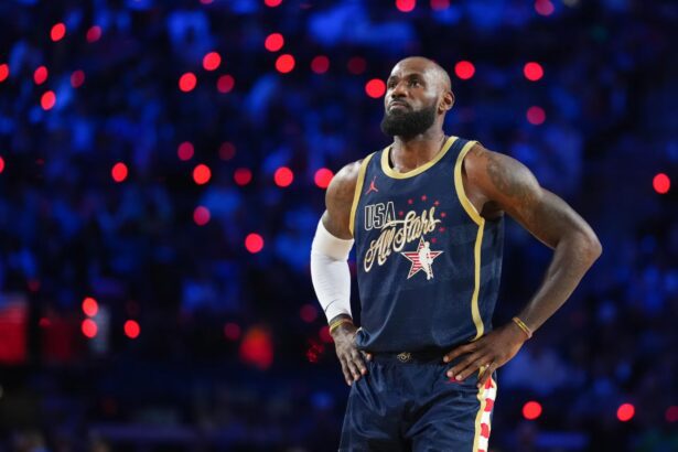 Feb 15, 2026; Inglewood, California, USA; Team USA Stripes forward LeBron James (23) of the Los Angeles Lakers looks on in game two against Team Starsduring the 75th NBA All Star Game at Intuit Dome. Mandatory Credit: Kirby Lee-Imagn Images