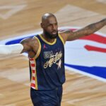 Feb 15, 2026; Inglewood, California, USA; Team USA Stripes forward LeBron James (23) of the Los Angeles Lakers celebrates after game two during the 75th NBA All Star Game at Intuit Dome. Mandatory Credit: Jayne Kamin-Oncea-Imagn Images