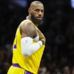 Feb 3, 2026; Brooklyn, New York, USA; Los Angeles Lakers forward LeBron James (23) checks back into the game in the first quarter against the Brooklyn Nets at Barclays Center. Mandatory Credit: Wendell Cruz-Imagn Images