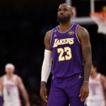 Feb 9, 2026; Los Angeles, California, USA; Los Angeles Lakers forward LeBron James (23) looks on during the fourth quarter against the Oklahoma City Thunder at Crypto.com Arena. Mandatory Credit: Kiyoshi Mio-Imagn Images