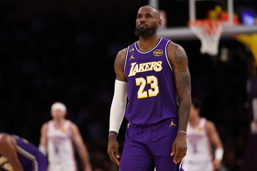 Feb 9, 2026; Los Angeles, California, USA; Los Angeles Lakers forward LeBron James (23) looks on during the fourth quarter against the Oklahoma City Thunder at Crypto.com Arena. Mandatory Credit: Kiyoshi Mio-Imagn Images