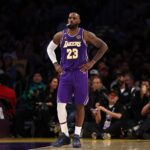 Feb 9, 2026; Los Angeles, California, USA; Los Angeles Lakers forward LeBron James (23) looks on during the second half against the Oklahoma City Thunder at Crypto.com Arena. Mandatory Credit: Kiyoshi Mio-Imagn Images