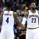 Jun 16, 2016; Cleveland, OH, USA; Cleveland Cavaliers forward LeBron James (23) celebrates with Cleveland Cavaliers guard Iman Shumpert (4) during the second quarter in game six of the NBA Finals at Quicken Loans Arena. Mandatory Credit: Bob Donnan-Imagn Images