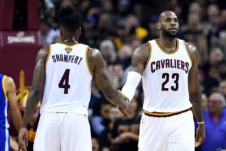 Jun 16, 2016; Cleveland, OH, USA; Cleveland Cavaliers forward LeBron James (23) celebrates with Cleveland Cavaliers guard Iman Shumpert (4) during the second quarter in game six of the NBA Finals at Quicken Loans Arena. Mandatory Credit: Bob Donnan-Imagn Images