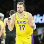 Feb 3, 2026; Brooklyn, New York, USA; Los Angeles Lakers guard Luka Doncic (77) gestures after scoring in the third quarter against the Brooklyn Nets at Barclays Center. Mandatory Credit: Wendell Cruz-Imagn Images
