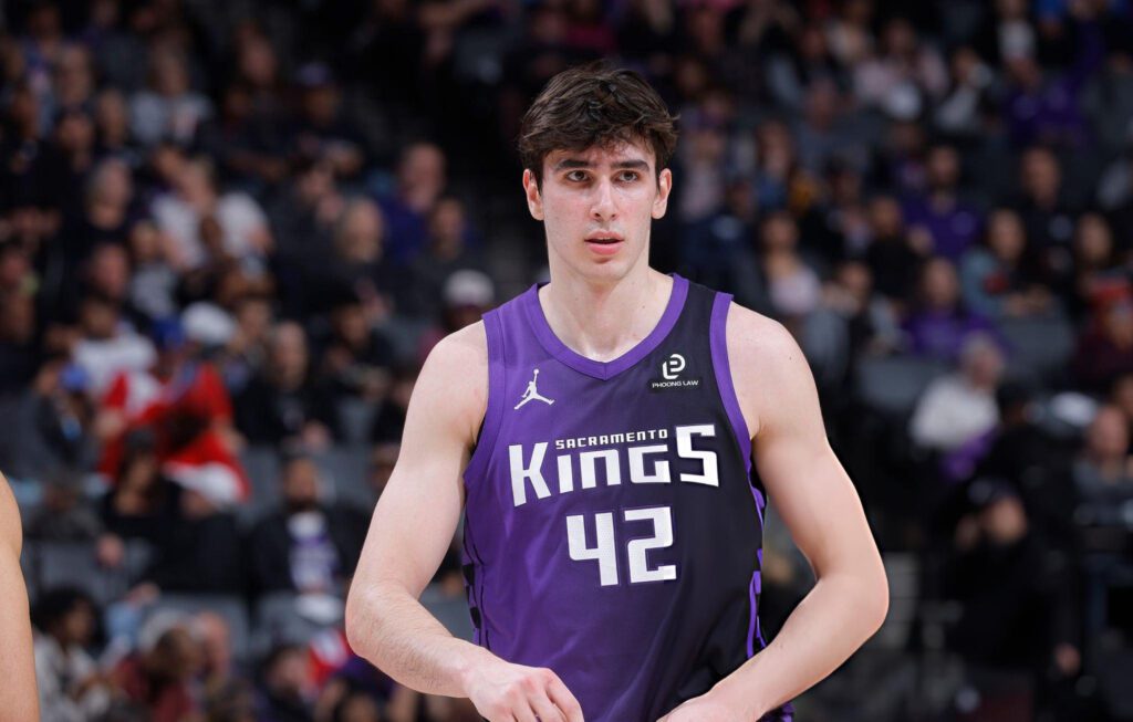 SACRAMENTO, CA - FEBRUARY 6: Maxime Raynaud #42 of the Sacramento Kings looks on during the game against the Los Angeles Clippers on February 6, 2026 at Golden 1 Center in Sacramento, California. Mandatory Copyright Notice: Copyright 2026 NBAE (Photo by Rocky Widner/NBAE via Getty Images)
