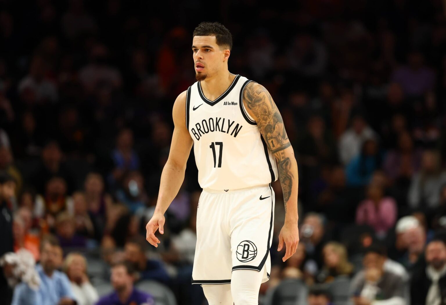 Jan 27, 2026; Phoenix, Arizona, USA; Brooklyn Nets forward Michael Porter Jr. (17) against the Phoenix Suns at Mortgage Matchup Center. Mandatory Credit: Mark J. Rebilas-Imagn Images