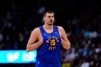 Feb 9, 2026; Denver, Colorado, USA; Denver Nuggets center Nikola Jokic (15) during the second quarter against the Cleveland Cavaliers at Ball Arena. Mandatory Credit: Ron Chenoy-Imagn Images
