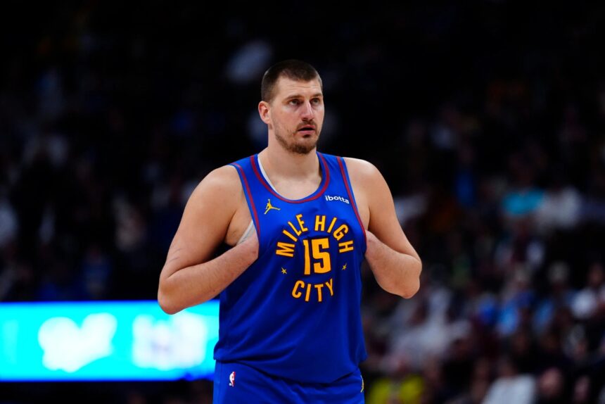 Feb 9, 2026; Denver, Colorado, USA; Denver Nuggets center Nikola Jokic (15) during the second quarter against the Cleveland Cavaliers at Ball Arena. Mandatory Credit: Ron Chenoy-Imagn Images