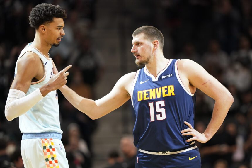San Antonio, Texas, USA; San Antonio Spurs center Victor Wembanyama (1) greets Denver Nuggets center Nikola Jokic (15) before a game at Frost Bank Center. Mandatory Credit: Scott Wachter-Imagn Images