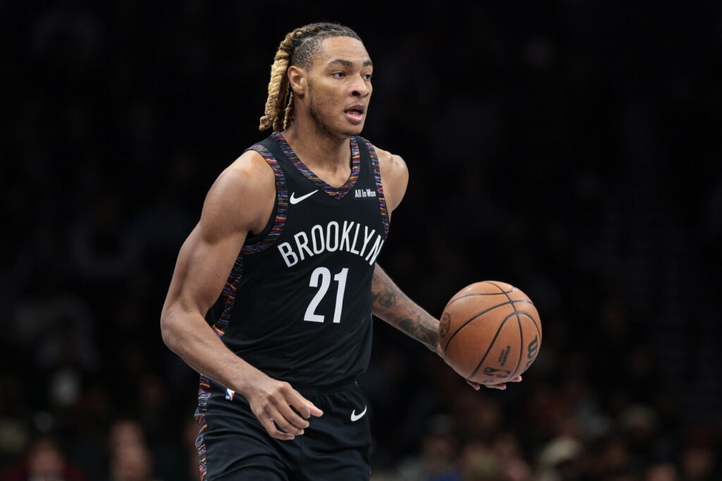 Jan 16, 2026; Brooklyn, New York, USA; Brooklyn Nets forward Noah Clowney (21) dribbles up court against the Chicago Bulls during the first quarter at Barclays Center. Mandatory Credit: Vincent Carchietta-Imagn Images